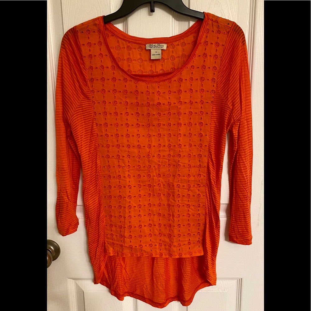 Lucky Brand Orange Eyelet Long Sleeve Sexy Top Hi Lo Hem Rayon Cotton Size Small